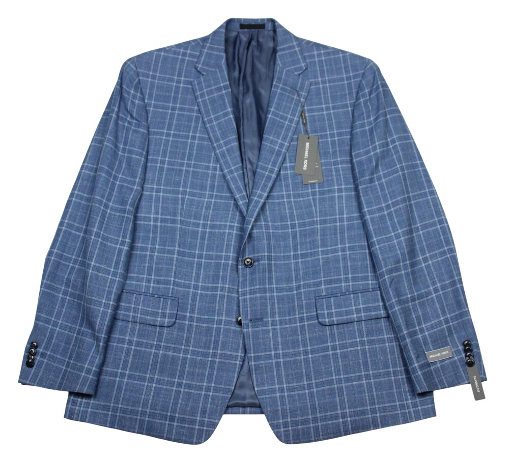 Michael Kors Blazer Mens 46 R Light Blue Plaid Wool Silk Linen Classic Fit Coat